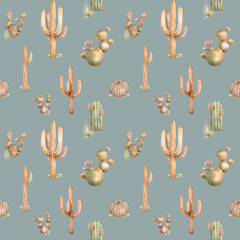 Seamless pattern of cactus. Watercolor brown set of cactus. Hand drawn isolated illustration on color background