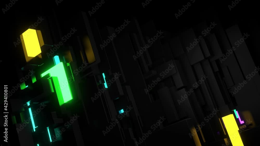 Poster abstract looped 4k dark background neon cubes light bulbs. visualisation of working ai bigdata or bl