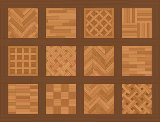 Parquet floor samples. Chart with common parquetry patterns, most familiar models and types, twelve wooden floor plates. Vector illustration.
