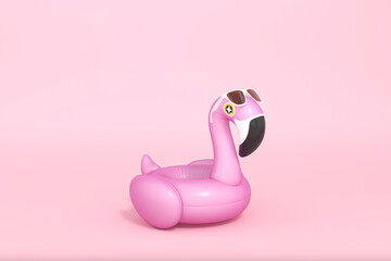 Pink Flamingo float, tropical bird shape inflatable swimming pool ring with Sunglasses on pastel pink background 3d rendering. 3d illustration Summer minimal concept.