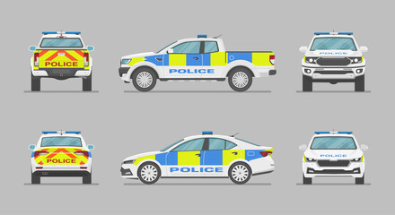 English police car. Side view, front view, back view. Cartoon flat illustration, auto for graphic and web