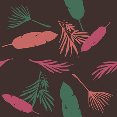 Modern Tropical Vector Seamless Pattern. Drawn Floral Background. Dandelion Feather Monstera Banana Leaves