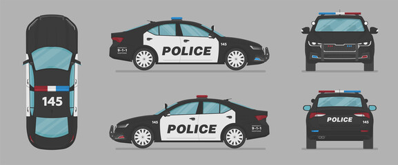 Naklejka premium Vector sedan auto. American police car. Side view, front view, back view, top view. Cartoon flat illustration, auto for graphic and web