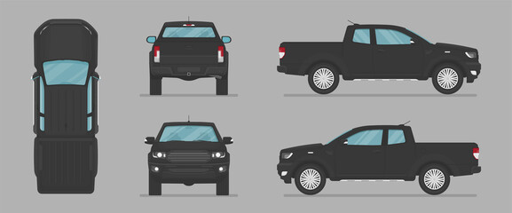 Vector pickup truck. Side view, front view, back view, top view. Cartoon flat illustration, car for graphic and web