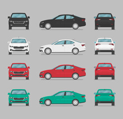 Cars from different sides. Side view, front view, back view. Cartoon car in flat style.