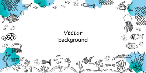 Frame of sea animals. Abstract fishes and fishing net, jellyfish, seaweed, coral, starfish, blue spots. Vector background. Marine summer design. Perfect for poster, card. © Viktoria Skripkina