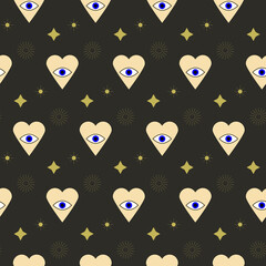Heart with an evil eye and stars seamless pattern vector art.