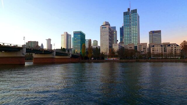 View over the river Main  to the business centre of the city Frankfurt, July 2019