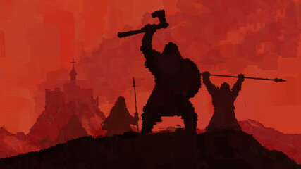 The Vikings have won. Warriors stand on a rock against the background of a bloody sky. A castle is burning in the background. 2D illustration - obrazy, fototapety, plakaty