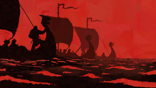Drakkars sail on the sea against the background of the bloody sky. The ships are in formation. Warriors are ready to attack. 2D illustration. 