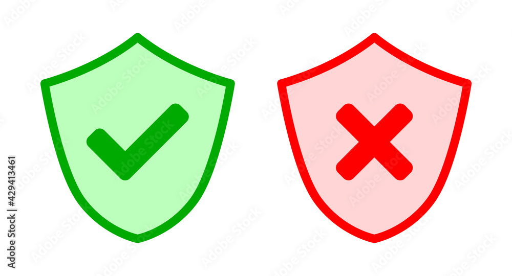 Poster shield green and red safe and unsafe security icon set with checkmark and x cross signs. vector imag