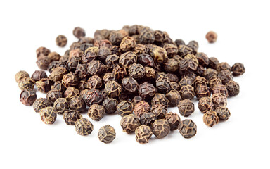 Peppercorns macro. Black Pepper isolated on white. Peppercorn on white background. With soft focus.