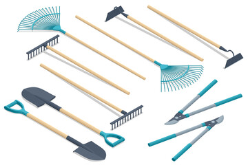 Isometric set of garden tools. Rake, pruner, shovel, boot, pitchfork, cutter, isolated on white background.