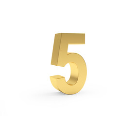 Number five is made of gold metal on a white background. 3d illustration 