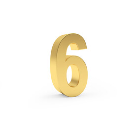 Number six is made of gold metal on a white background. 3d illustration 