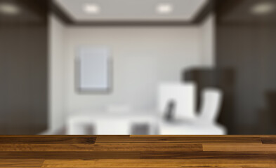 Background with empty table. Flooring. Modern office building interior. 3D rendering.