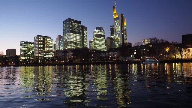 View over the river Main  to the business centre of the city Frankfurt, July 2019