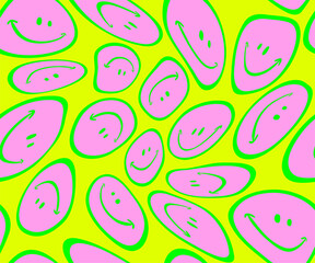 Warped psychedelic happy faces pattern. Seamless vector