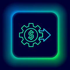 Glowing neon line Gear with dollar symbol icon isolated on black background. Business and finance conceptual icon. Colorful outline concept. Vector