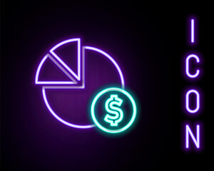 Glowing neon line Pie chart infographic and dollar symbol icon isolated on black background. Diagram chart sign. Colorful outline concept. Vector