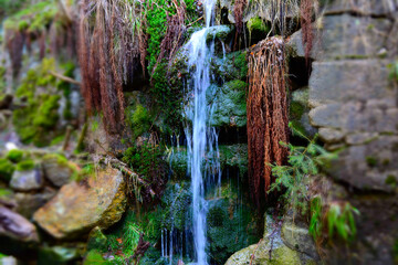 Cascade falls over mossy rocks