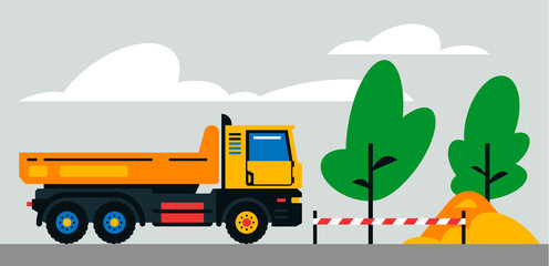 Fototapeta na wymiar Construction machinery works at the site. Construction machinery, truck on the background of a landscape of trees, sand. Vector illustration on background