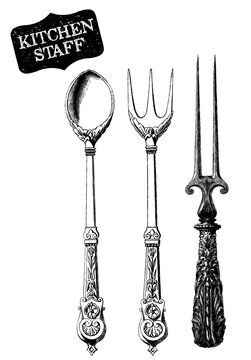 Kitchen staff set. Silverware. Vintage spoon, knife and fork. Utensils set.  Vector collection hand drawn illustration with kitchen tools. Chef and cooking ware, cooking stuff for menu decoration.