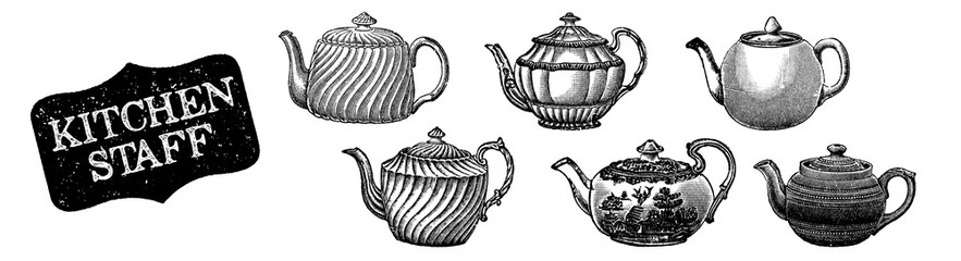 Teapot set. Kitchenware hand drawn. Kitchen staff. Black and white kettel. Cooking utensils engraving. Cooking stuff menu decoration. Engraved sketch in vintage style. English breakfast. 