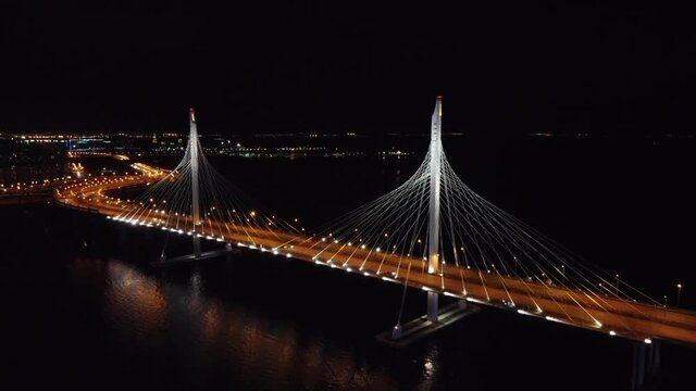 Yacht cable-stayed bridge in the evening in St. Petersburg