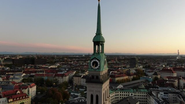 Drone flight around St. Peter church in Munich, Germany
