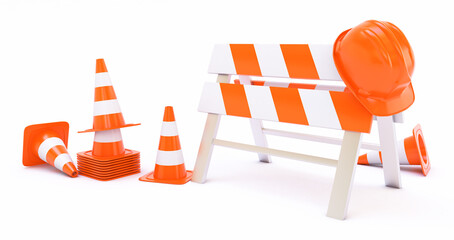 3d render of Under construction with traffic cones isolated on white background,