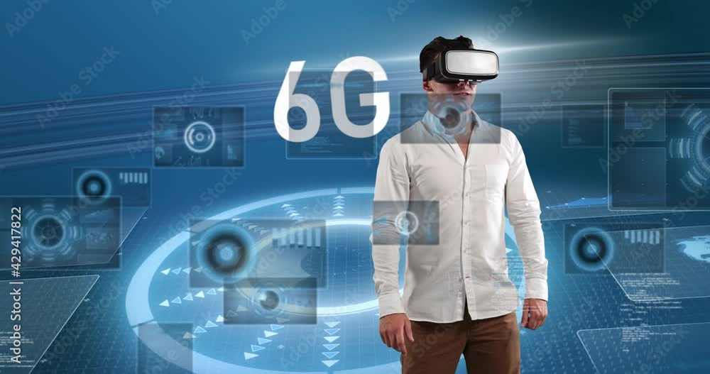 Poster animation of 6g text, scopes scanning and data processing over man wearing vr headset