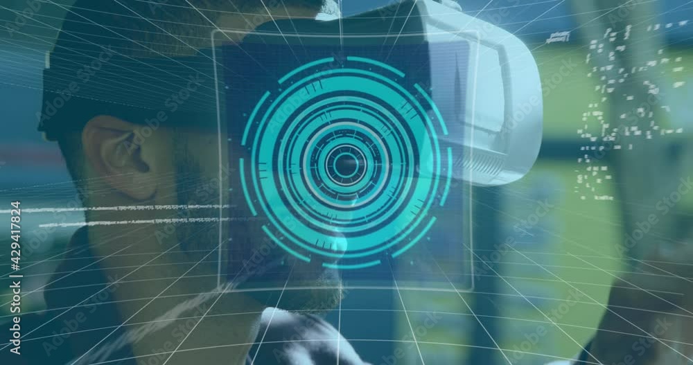 Aufkleber animation of 6g text, scope scanning and data processing on screens over man wearing vr headset