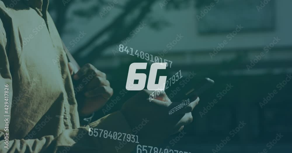 Poster animation of 6g text, numbers changing over man using smartphone
