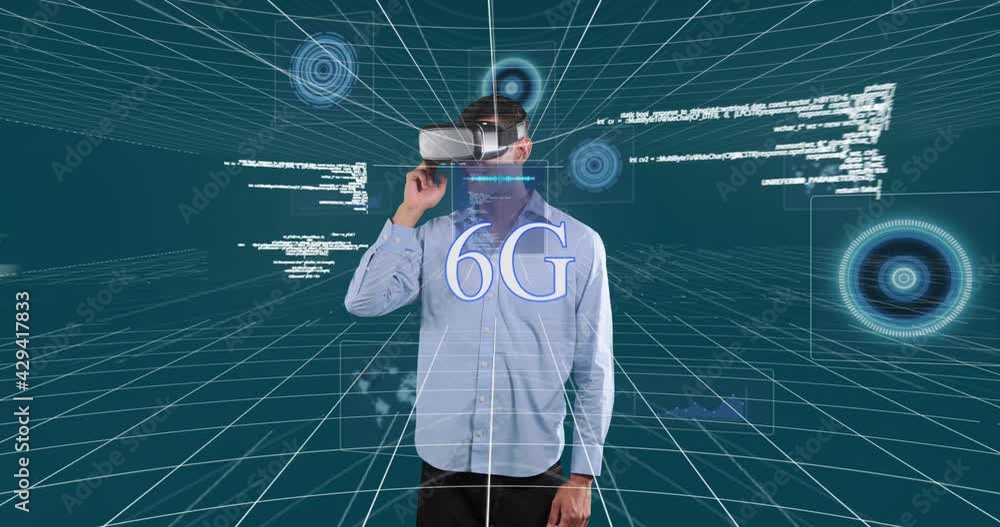 Poster animation of 6g text, scopes scanning and data processing over man wearing vr headset