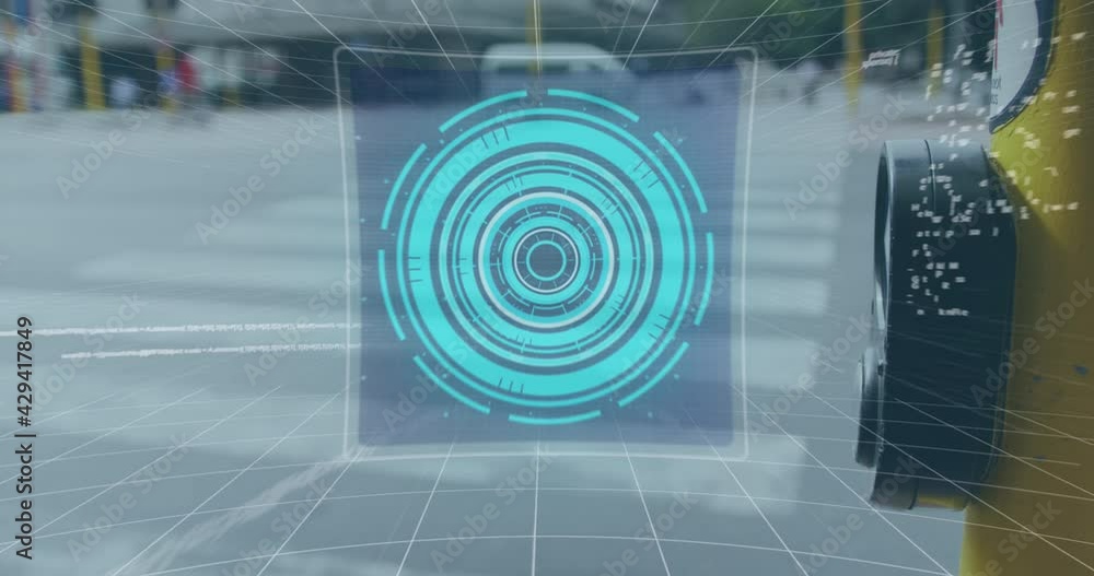 Poster animation of 6g text, scope scanning and data processing over man pressing traffic lights button