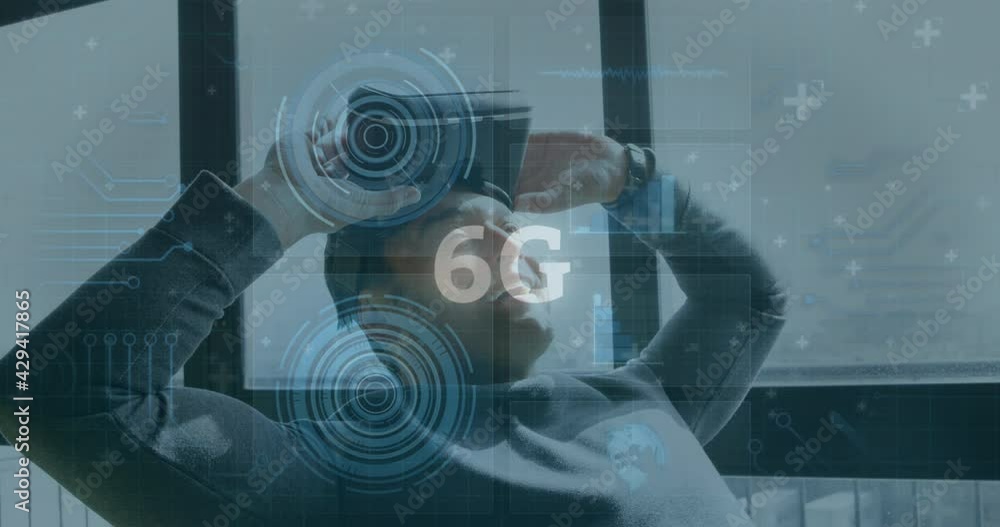 Poster animation of 6g text, scopes scanning and data processing over smiling man wearing vr headset