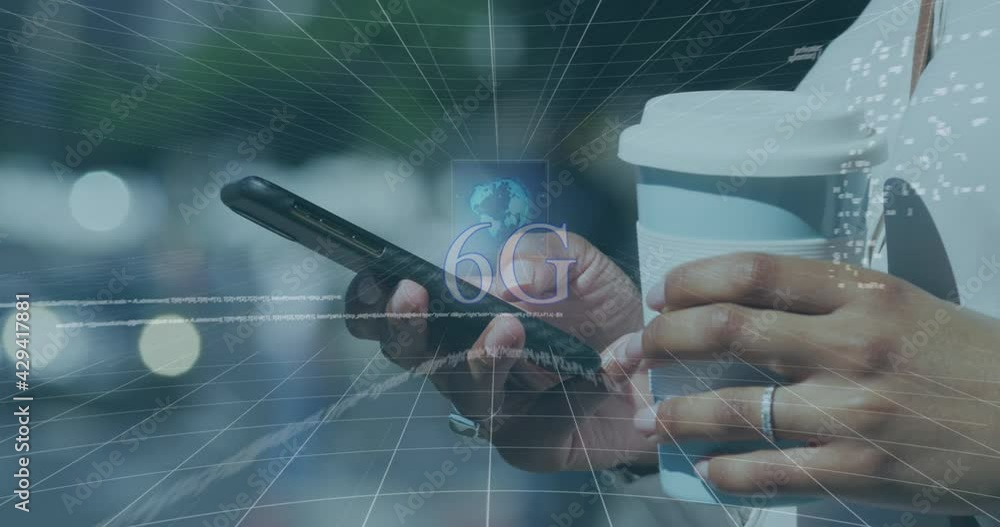 Poster animation of 6g text, scope scanning and data processing over woman using smartphone in city
