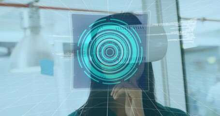 Animation of 6g text, scopes scanning and data processing over woman wearing vr headset - Powered by Adobe