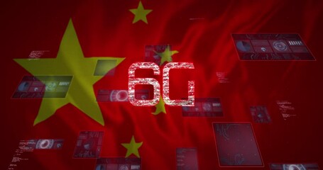 Animation of 6g text, data processing and scopes scanning on screens over chinese flag - Powered by Adobe