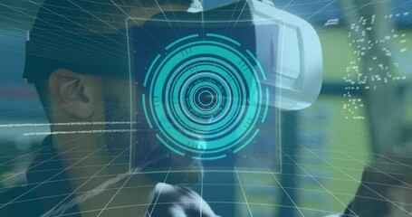 Animation of 6g text, scope scanning and data processing on screens over man wearing vr headset - Powered by Adobe