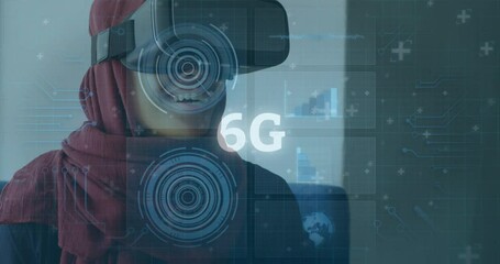 Animation of 6g text, scopes scanning and data processing over woman in hijab wearing vr headset - Powered by Adobe