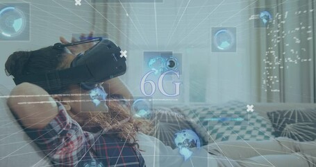 Animation of 6g text, scopes scanning and data processing over woman wearing vr headset - Powered by Adobe