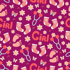 Cute baby footprints toys for baby seamless pattern, pink print for newborn girl, vector illustration in doodle style, cartoon.