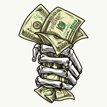 Skeleton hand in fist holding dollar bills