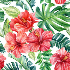 Tropical palm leaves, hibiscus flowers on an isolated background. Watercolor illustration, seamless pattern