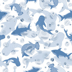 Seamless pattern see-through sharks on white background. Random print with Hammerhead, Whale, White shark and bubbles.