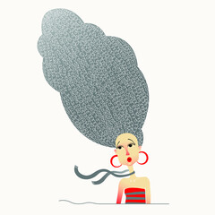 a girl with long curly hair fluttering in the wind