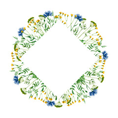 Rhombus frame with watercolor wildflowers. Hand drawn illustration is isolated on white. Flowers border is perfect for natural design, greeting card, wedding invitation, floral logo, label