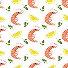 Seamless pattern with shrimps or prawns, lemon wedges and parsley leaves. Food print for textiles, paper and other designs. A source of vitamins and healthy nutrition